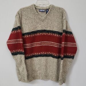 Vintage Structure Sweater Mens XL 100% Shetland Wool Alpine Stripe V Neck